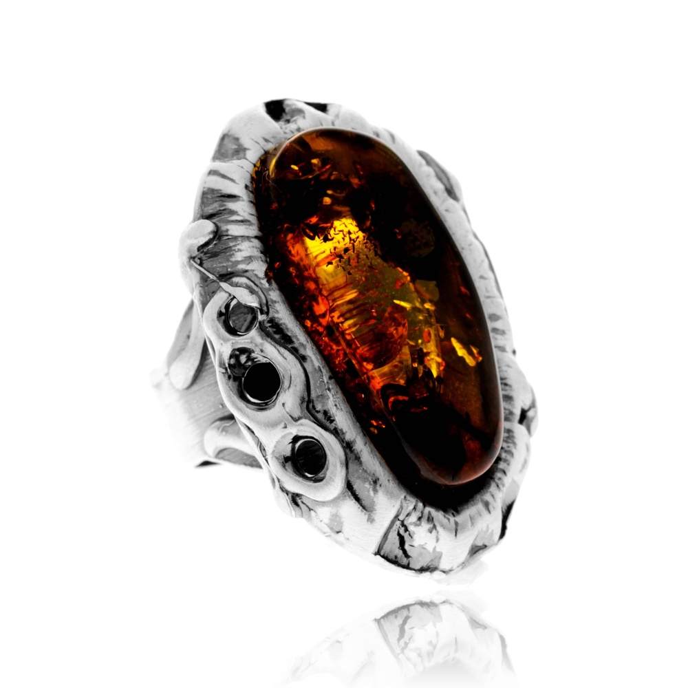 925 Sterling Silver & Genuine Cognac Baltic Amber Unique Exclusive Adjustable Size Ring - RG0844