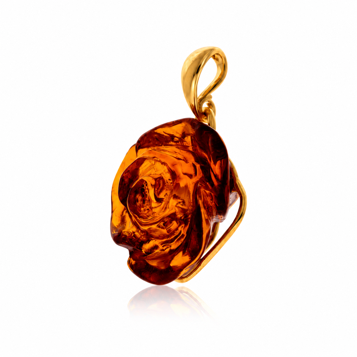925 Sterling Silver & Genuine Baltic Amber Hand-Carved Rose Pendant - RGP001