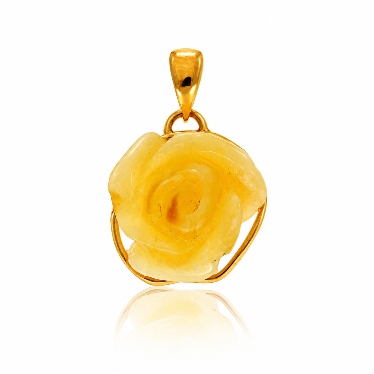 925 Sterling Silver & Genuine Baltic Amber Hand-Carved Rose Pendant - RGP002