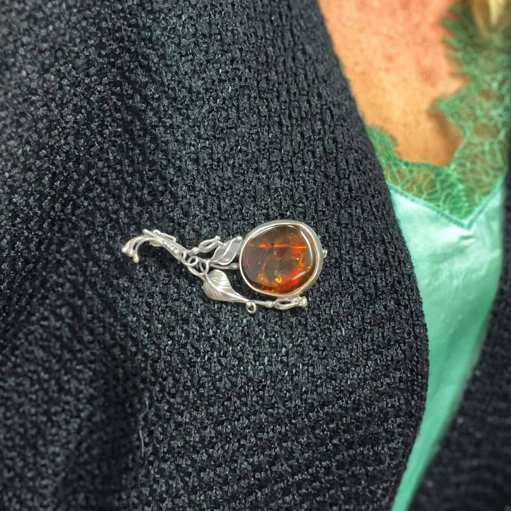 925 Sterling Silver & Baltic Amber Unique Amber Brooch - BR0151