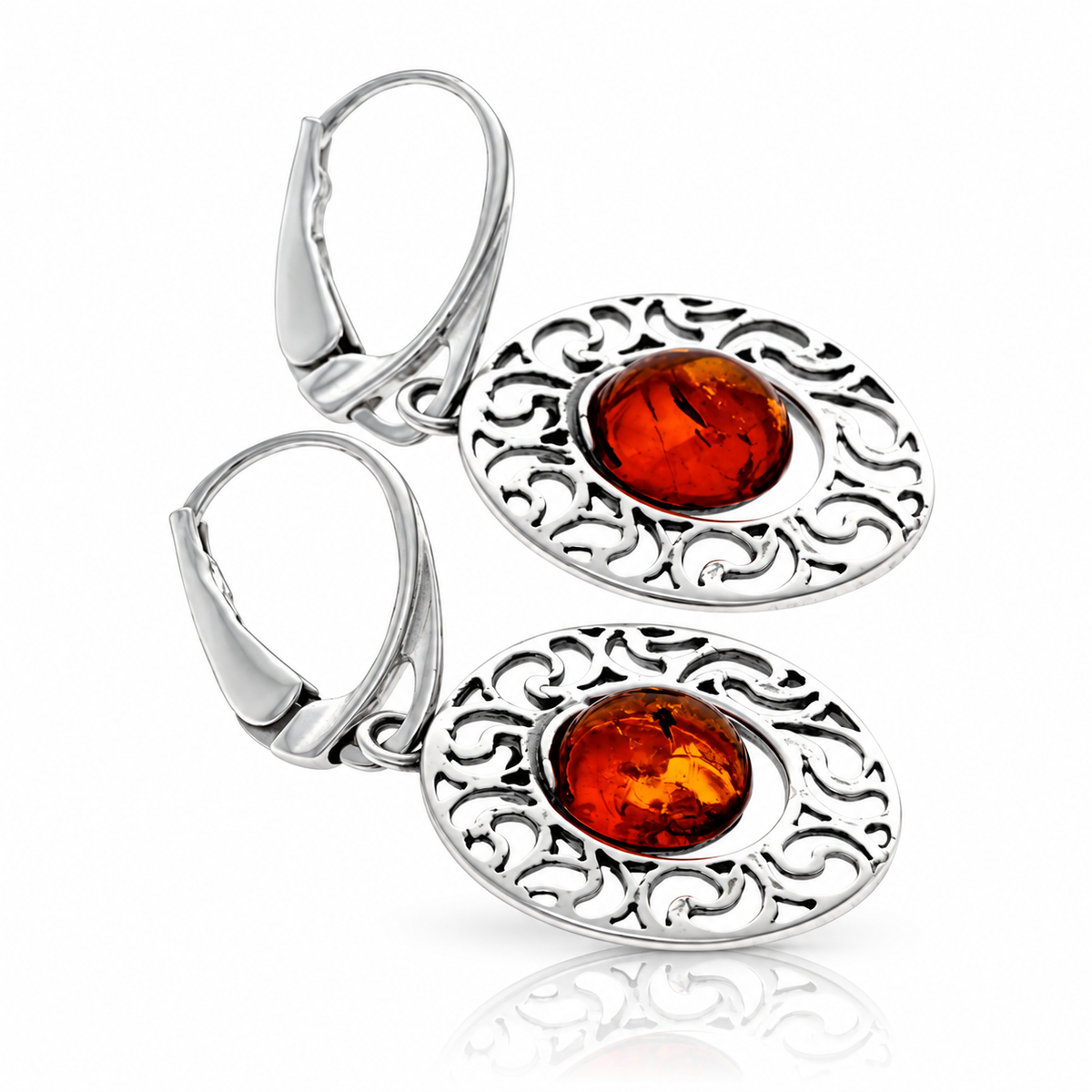 925 Sterling Silver & Genuine Baltic Amber Modern Drop Earrings - AE25