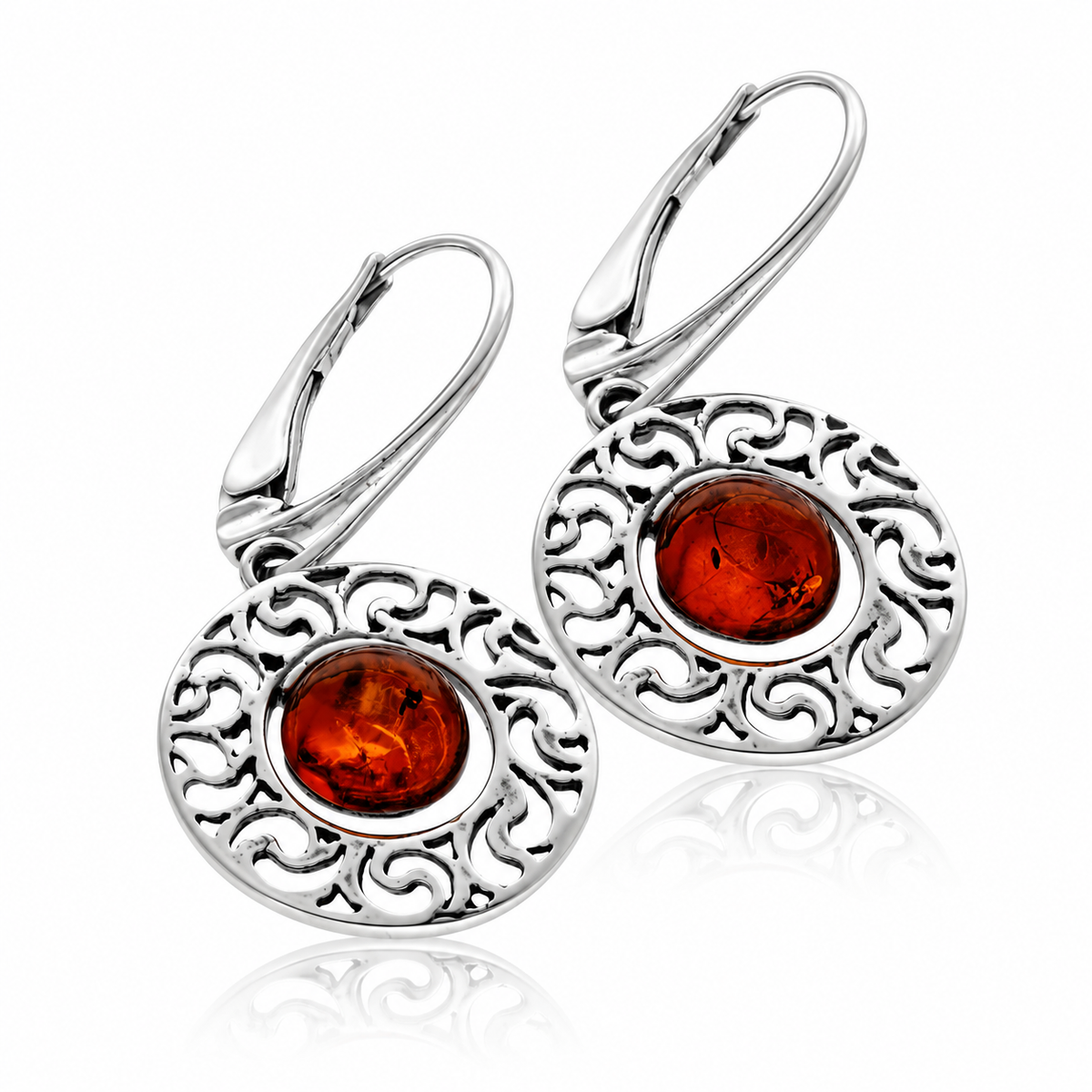925 Sterling Silver & Genuine Baltic Amber Modern Drop Earrings - AE25