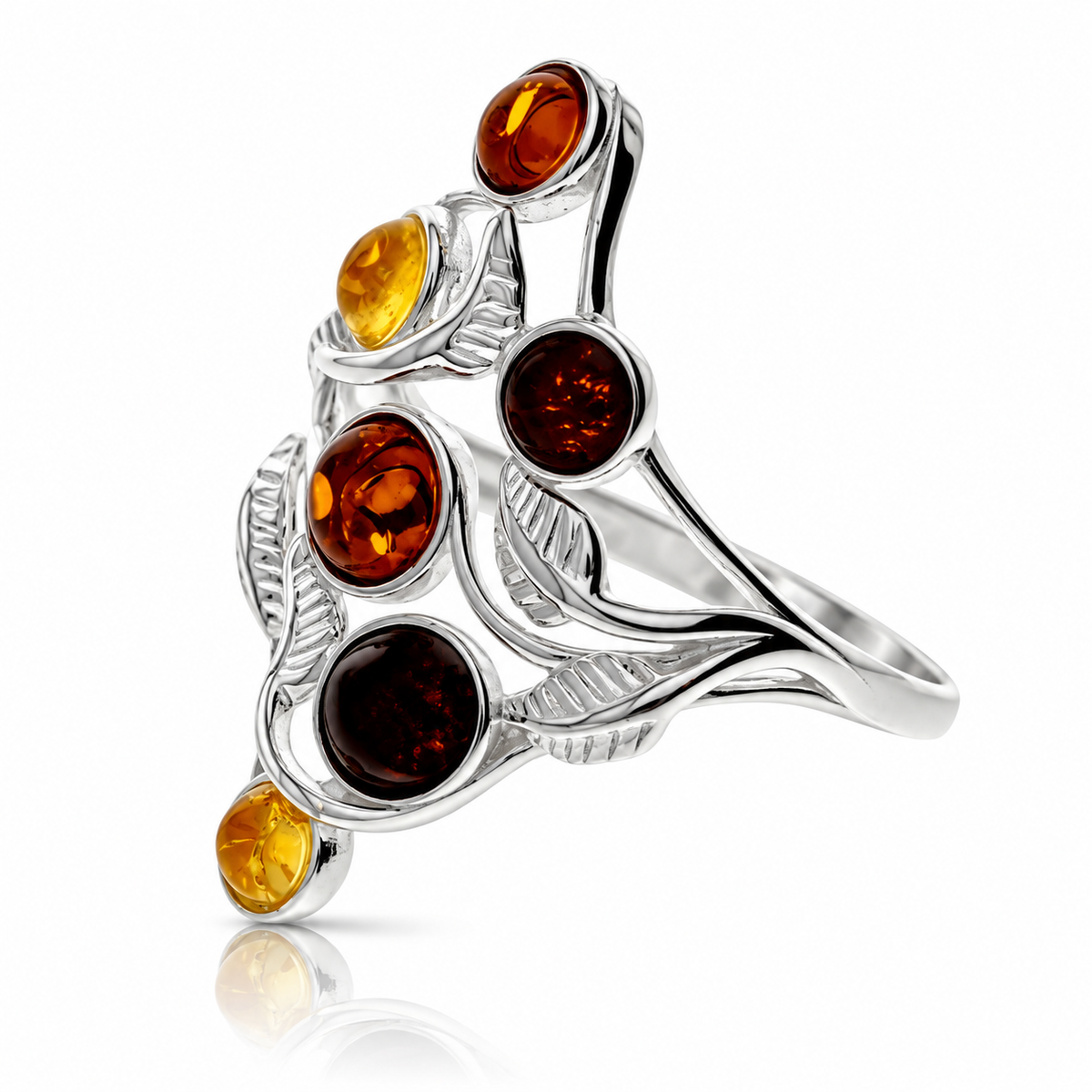 925 Sterling Silver & Genuine Baltic Amber Modern Multi-Stones Ring - GL758