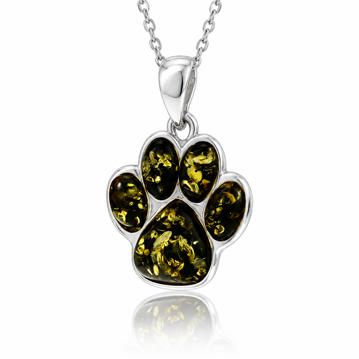925 Sterling Silver & Genuine Baltic Amber Dog / Cat Paw Pendant - BS200