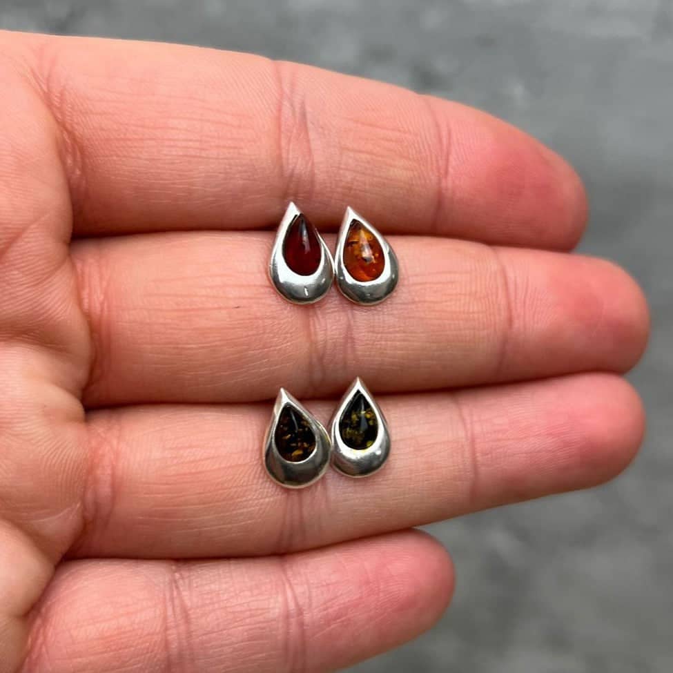 925 Sterling Silver & Genuine Baltic Amber Little Pears Studs Earrings - K173