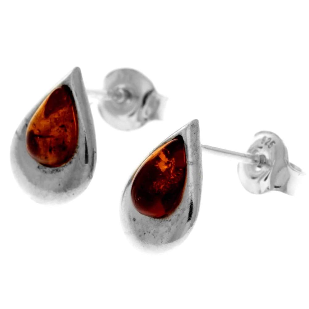 925 Sterling Silver & Genuine Baltic Amber Little Pears Studs Earrings - K173