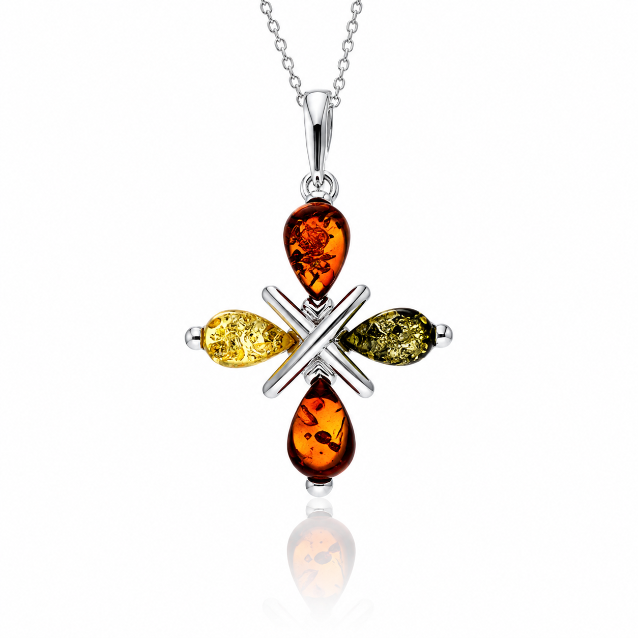 925 Sterling Silver & Genuine Baltic Amber Multi Stone Cross Pendant - 1778