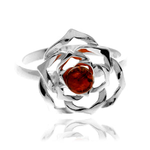 925 Sterling Silver & Genuine Baltic Amber Rose Ring - 7538