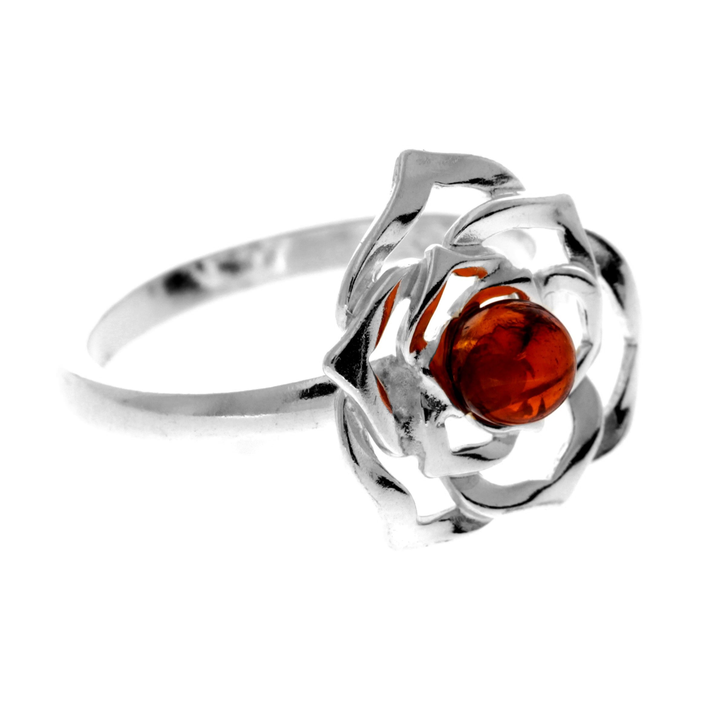 925 Sterling Silver & Genuine Baltic Amber Rose Ring - 7538