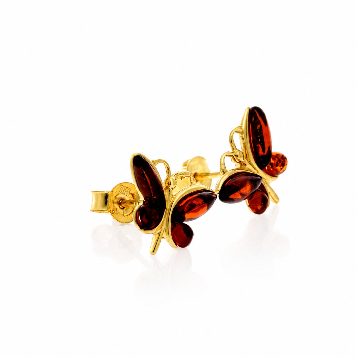 Gold Plated over 925 Sterling Silver & Genuine Baltic Amber Classic Butterfly Studs Earrings - 8494G