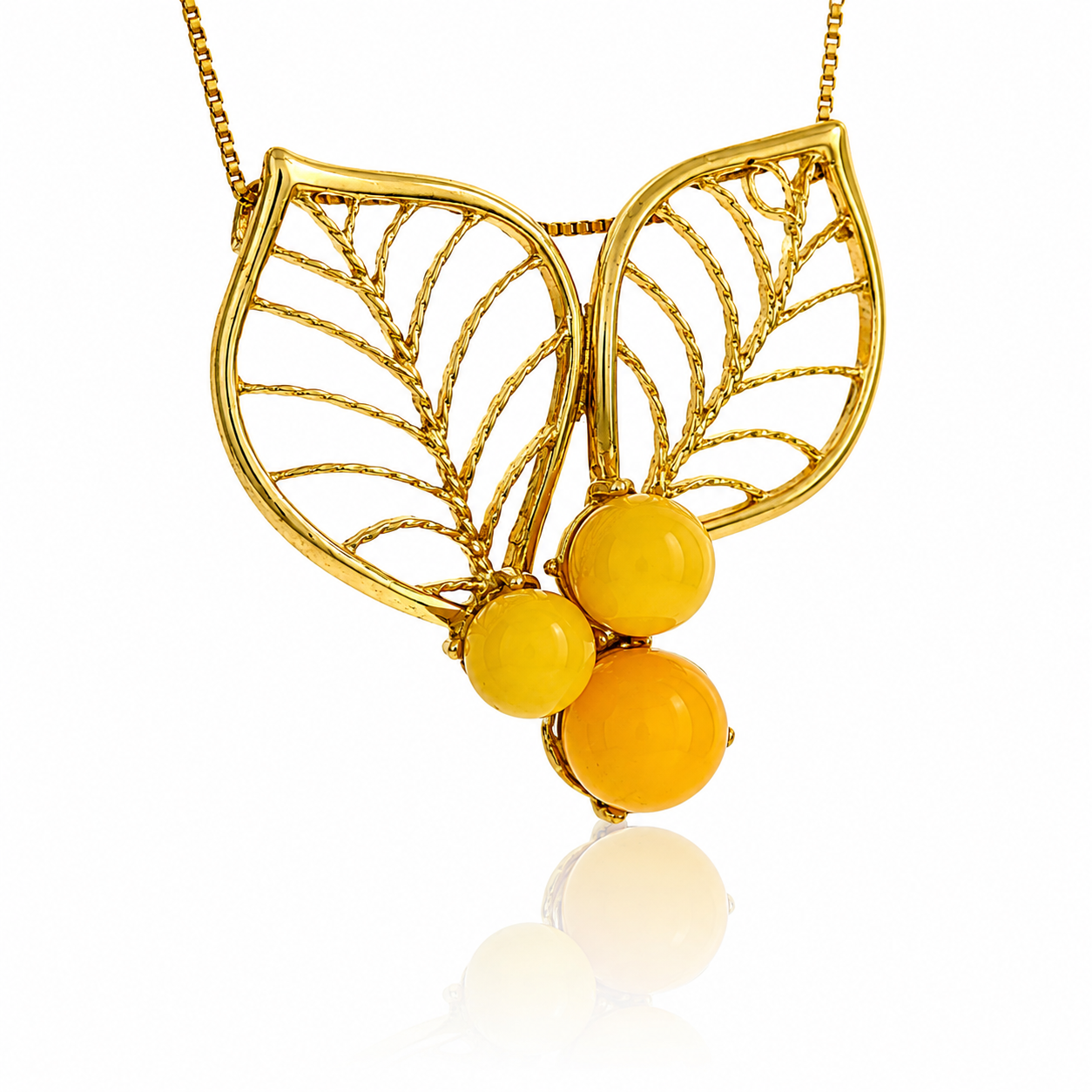 Gold-Plated Over 925 Sterling Silver & Genuine Baltic Amber Double Leaf Detailed Exclusive Pendant - G87