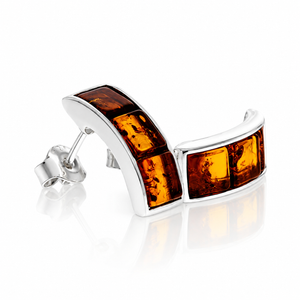 925 Sterling Silver & Genuine Baltic Square Amber Multistone Studs Earrings - GL1065