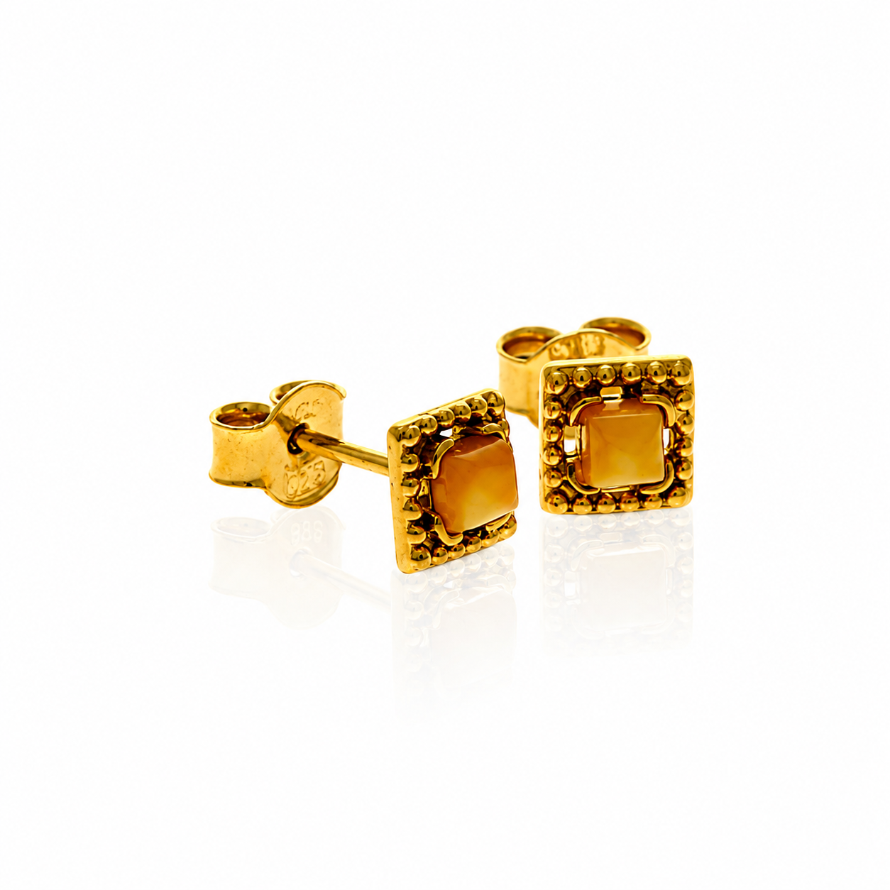 Gold Plated over 925 Sterling Silver & Genuine Baltic Amber Contemporary Square Small Studs Earrings - AEG24