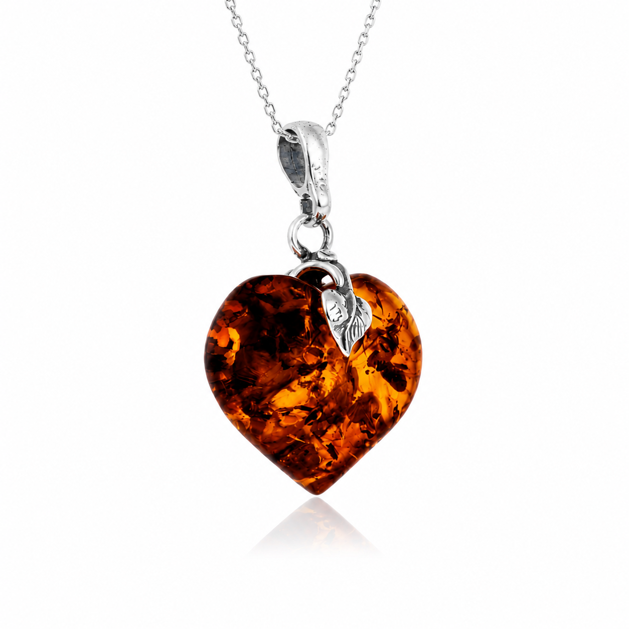 925 Sterling Silver & Genuine Baltic Amber Heart with Silver Leaf Exclusive Pendant - 815