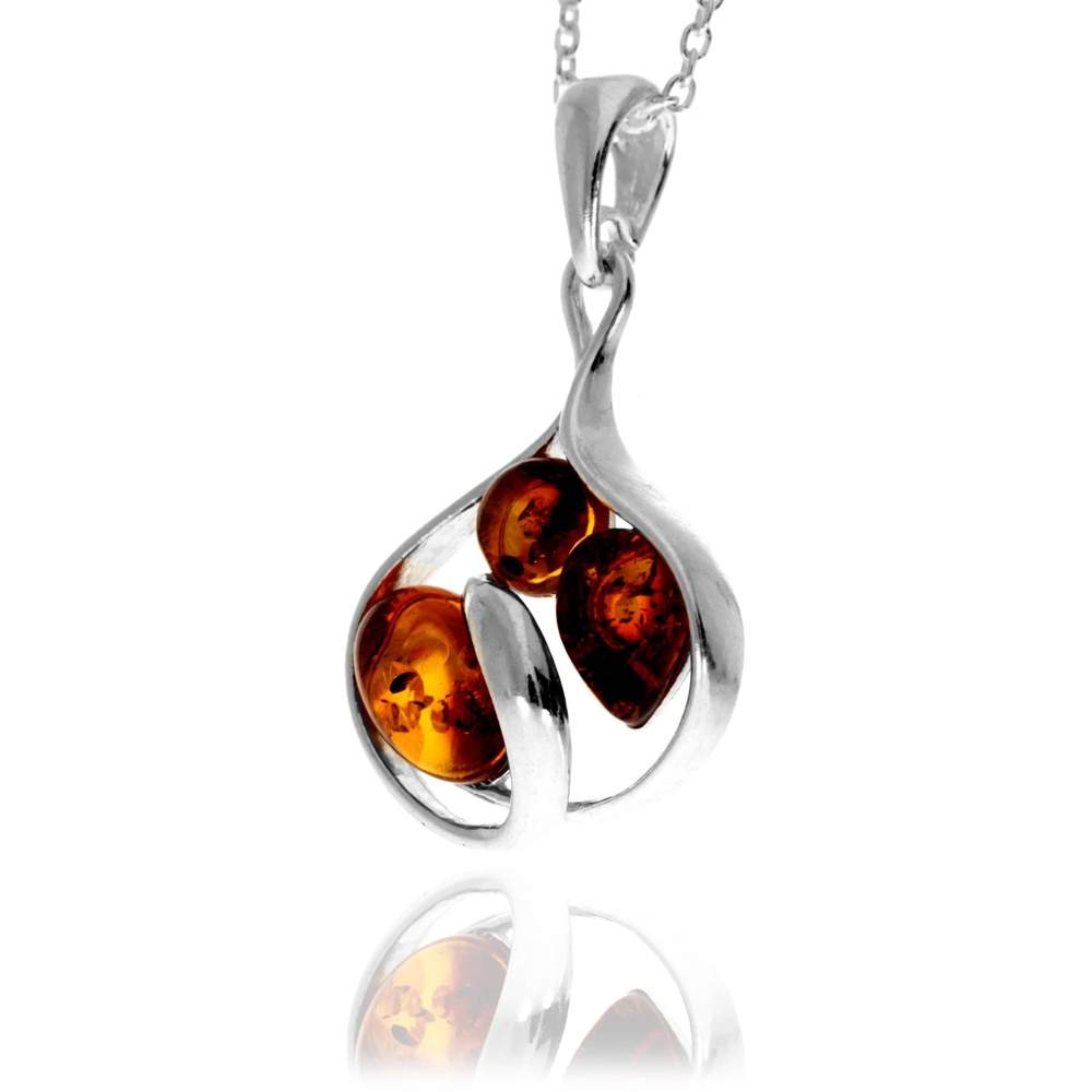 925 Sterling Silver & Genuine Baltic Amber Modern Multi-Stone Pendant - GL2066