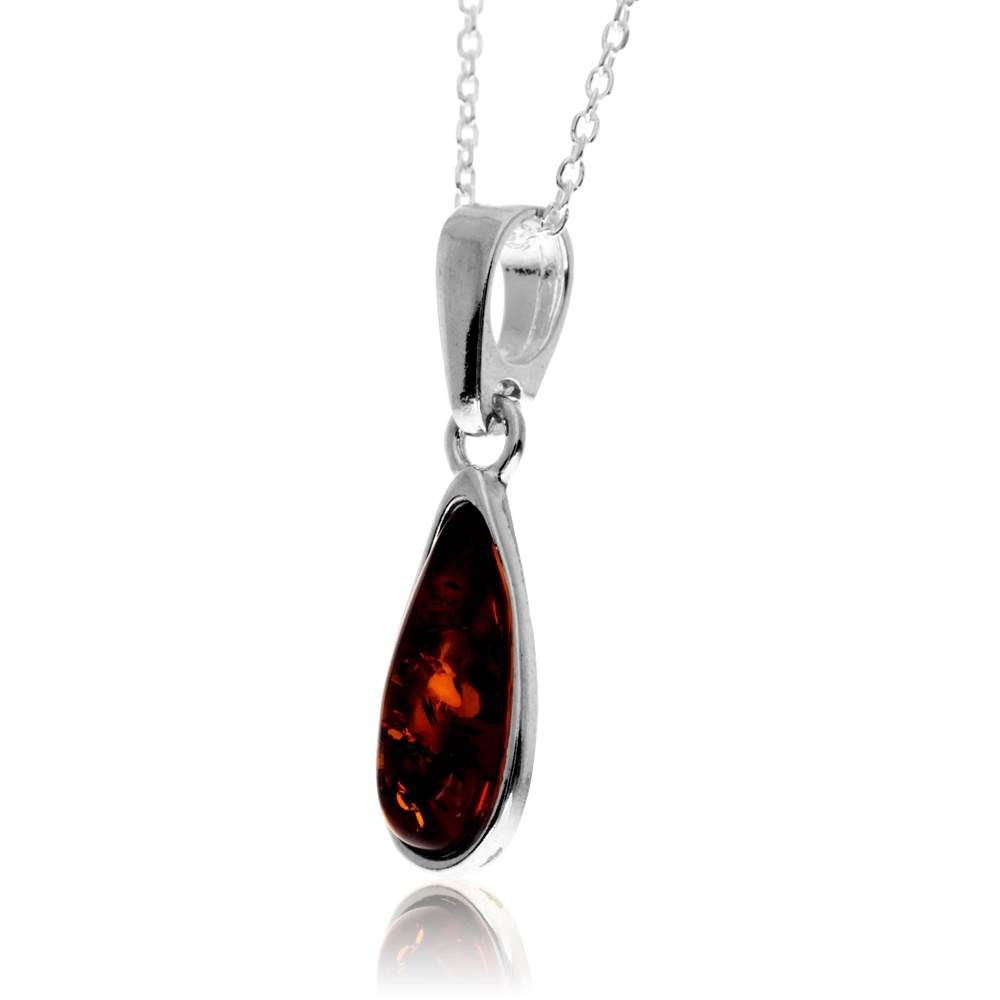 925 Sterling Silver & Genuine Baltic Amber Modern Teardrop Pendant - G236