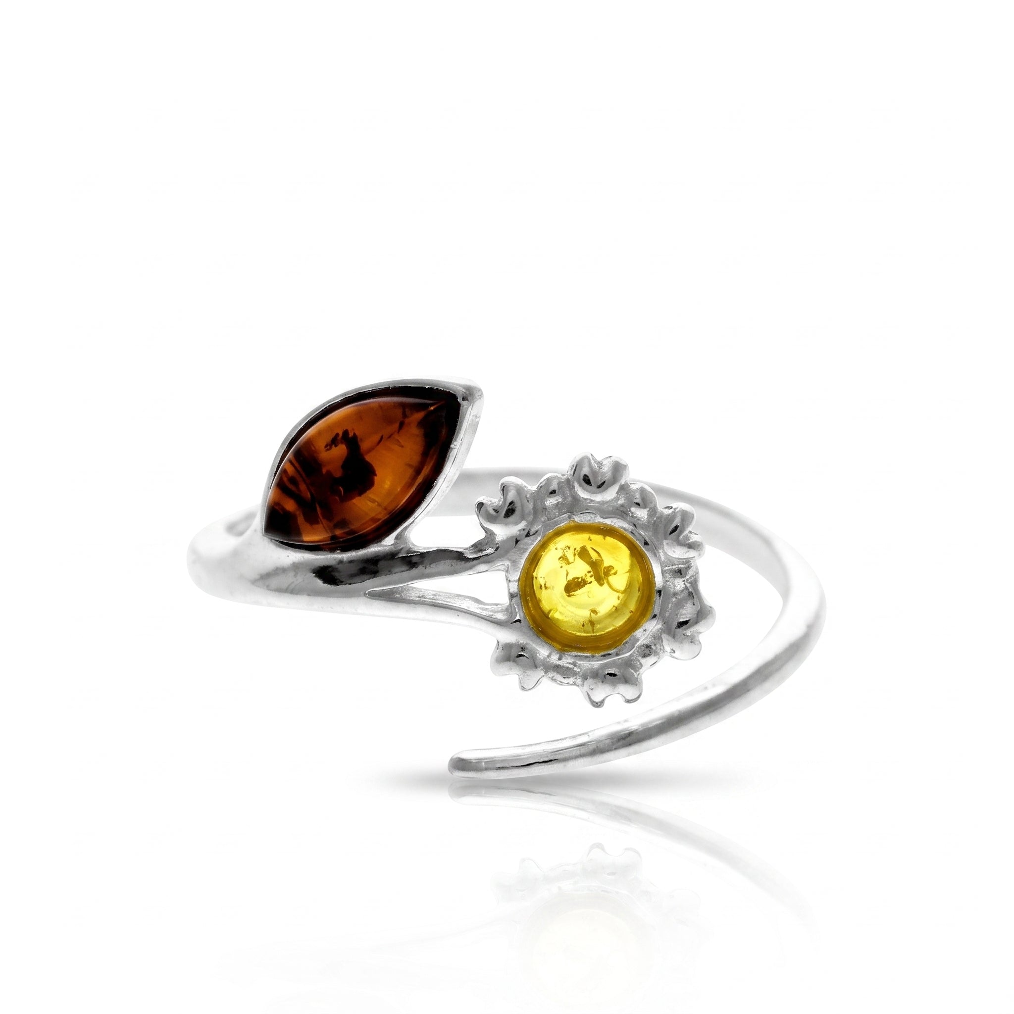 925 Sterling Silver & Genuine Baltic Amber Flower Adjustable Ring - AR22