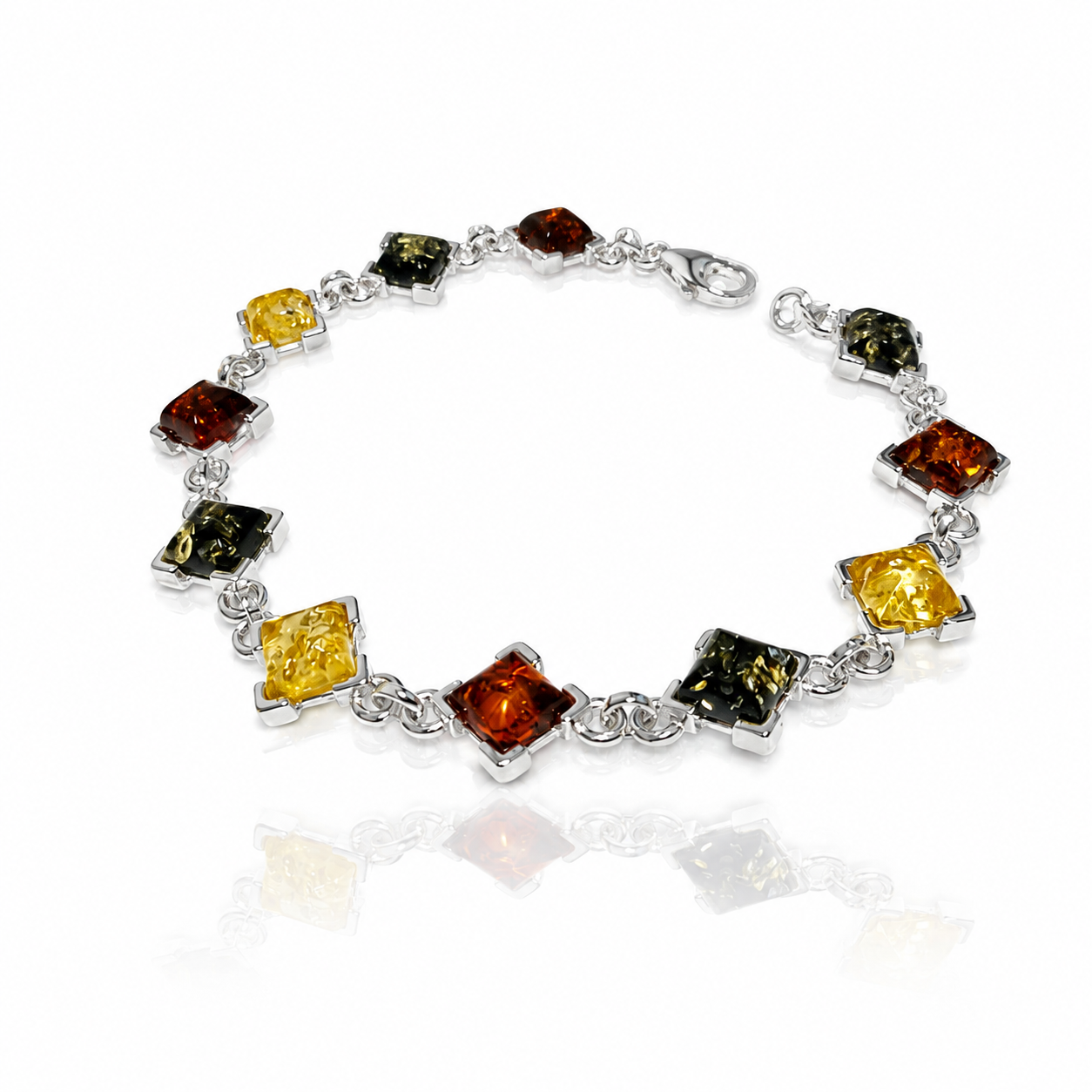 925 Sterling Silver & Genuine Baltic Amber Square Exclusive Link Bracelet - 2012