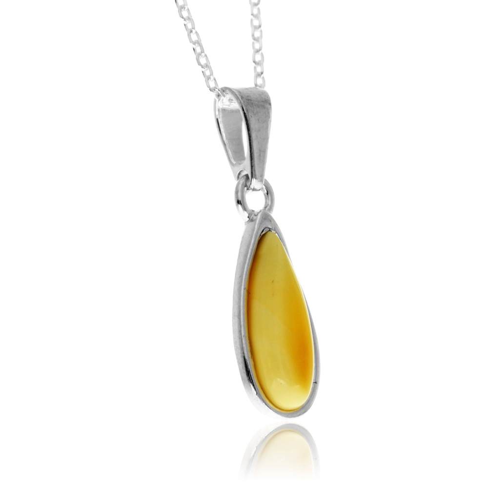 925 Sterling Silver & Genuine Baltic Amber Modern Teardrop Pendant - G236