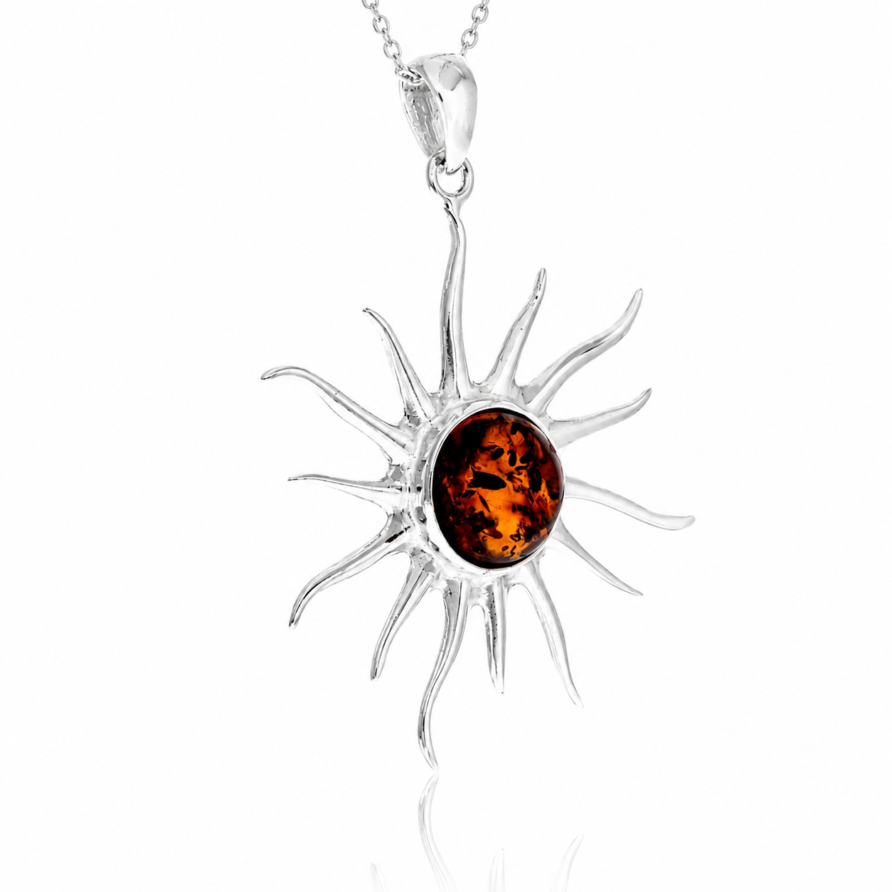 925 Sterling Silver & Genuine Baltic Amber Large Exclusive Sun Pendant - 777