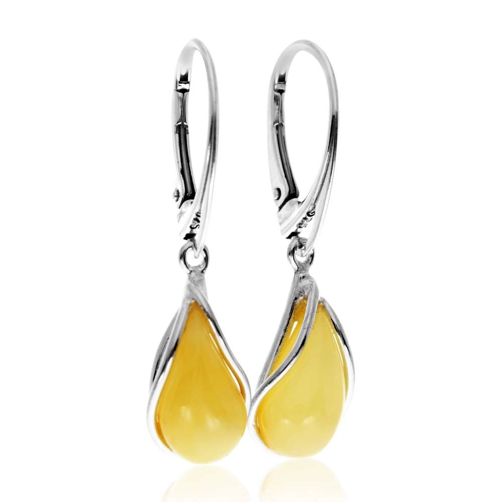 925 Sterling Silver & Baltic Amber Modern Teardrop Drop / Dangle Earrings - G029