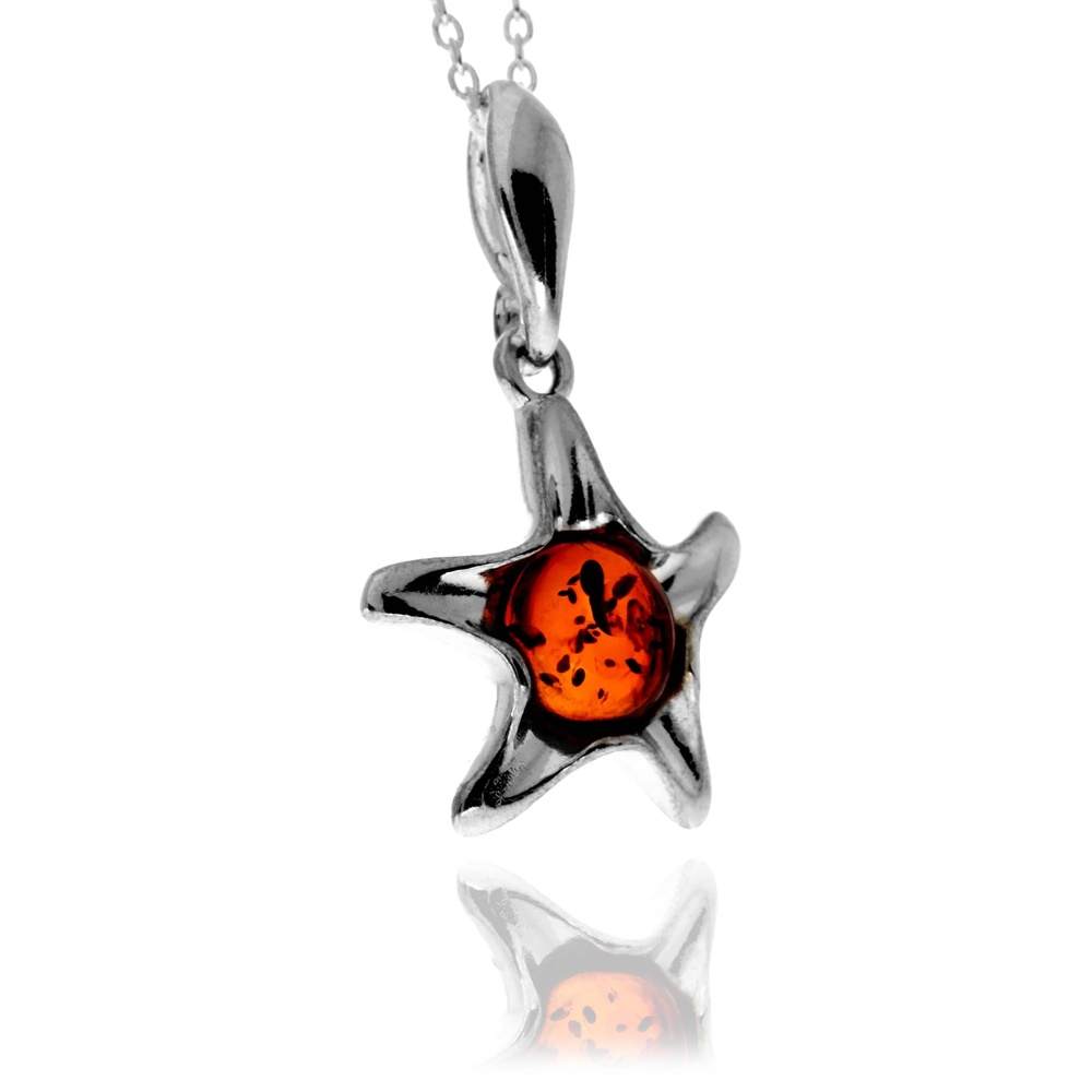 925 Sterling Silver & Genuine Baltic Amber Classic Star / Starfish Pendant - GL2062