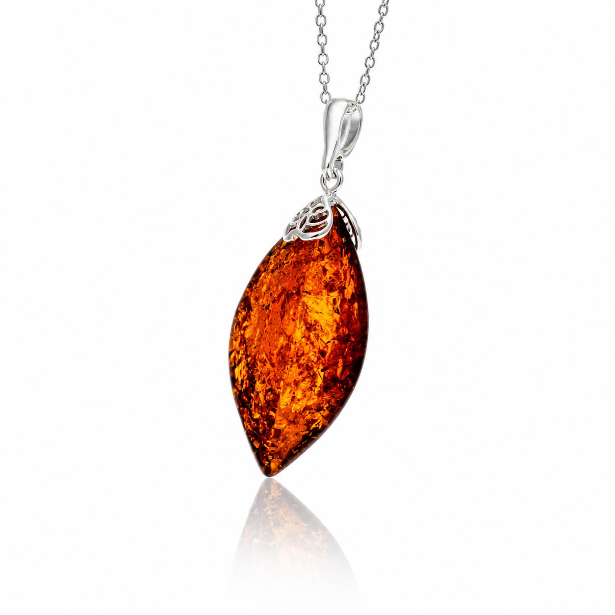 925 Sterling Silver & Genuine Baltic Amber Large Modern Exclusive Pendant - 813BX