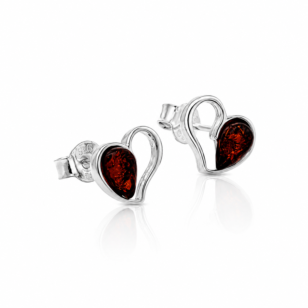925 Sterling Silver & Genuine Baltic Amber Classic Hearts Studs Earrings - 8576