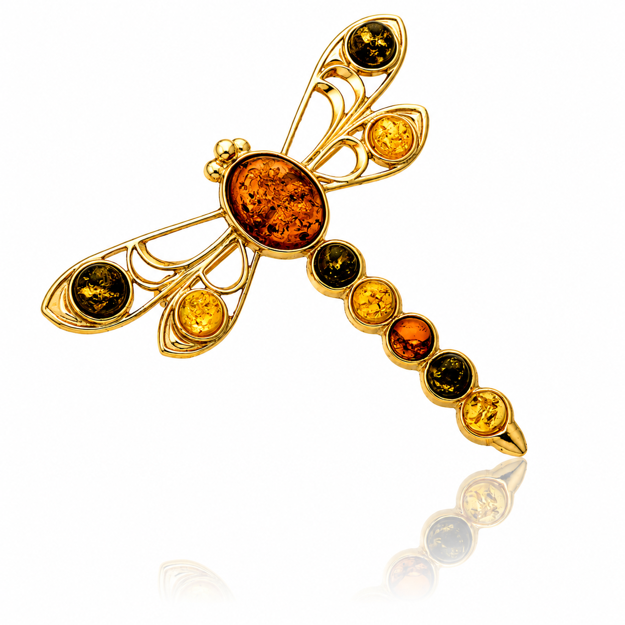 Gold-Plated Over 925 Sterling Silver & Genuine Baltic Amber Exclusive Dragonfly Brooch - 4032G
