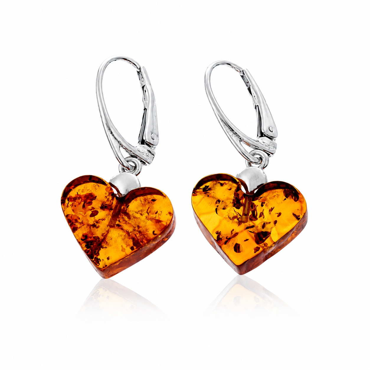 925 Sterling Silver & Genuine Baltic Amber Classic Drop Hearts Earrings - 8624