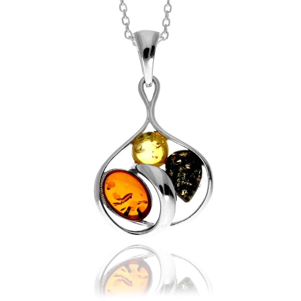 925 Sterling Silver & Genuine Baltic Amber Modern Multi-Stone Pendant - GL2066