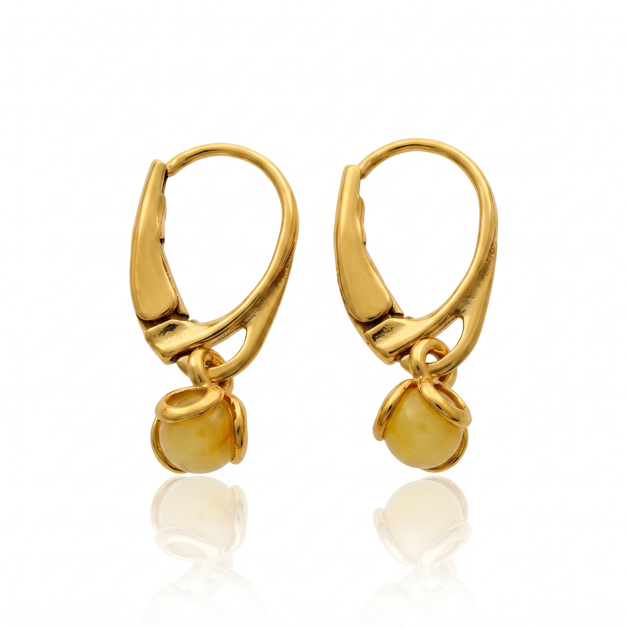 Gold Plated over 925 Sterling Silver & Genuine Baltic Amber Ball Light Drop Earrings - 8546GL