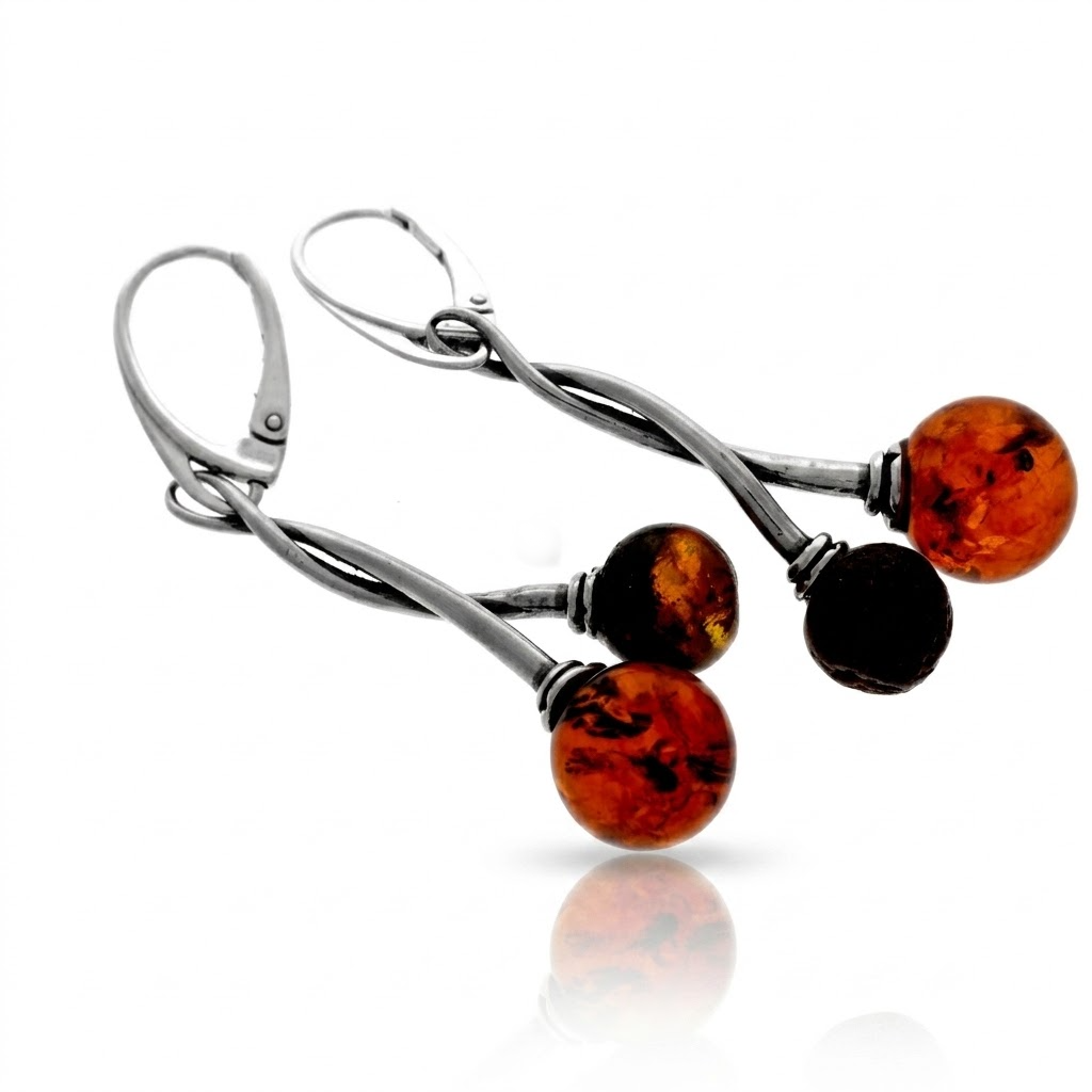 925 Sterling Silver & Genuine Baltic Amber Natural Ball Drop Earrings - J012