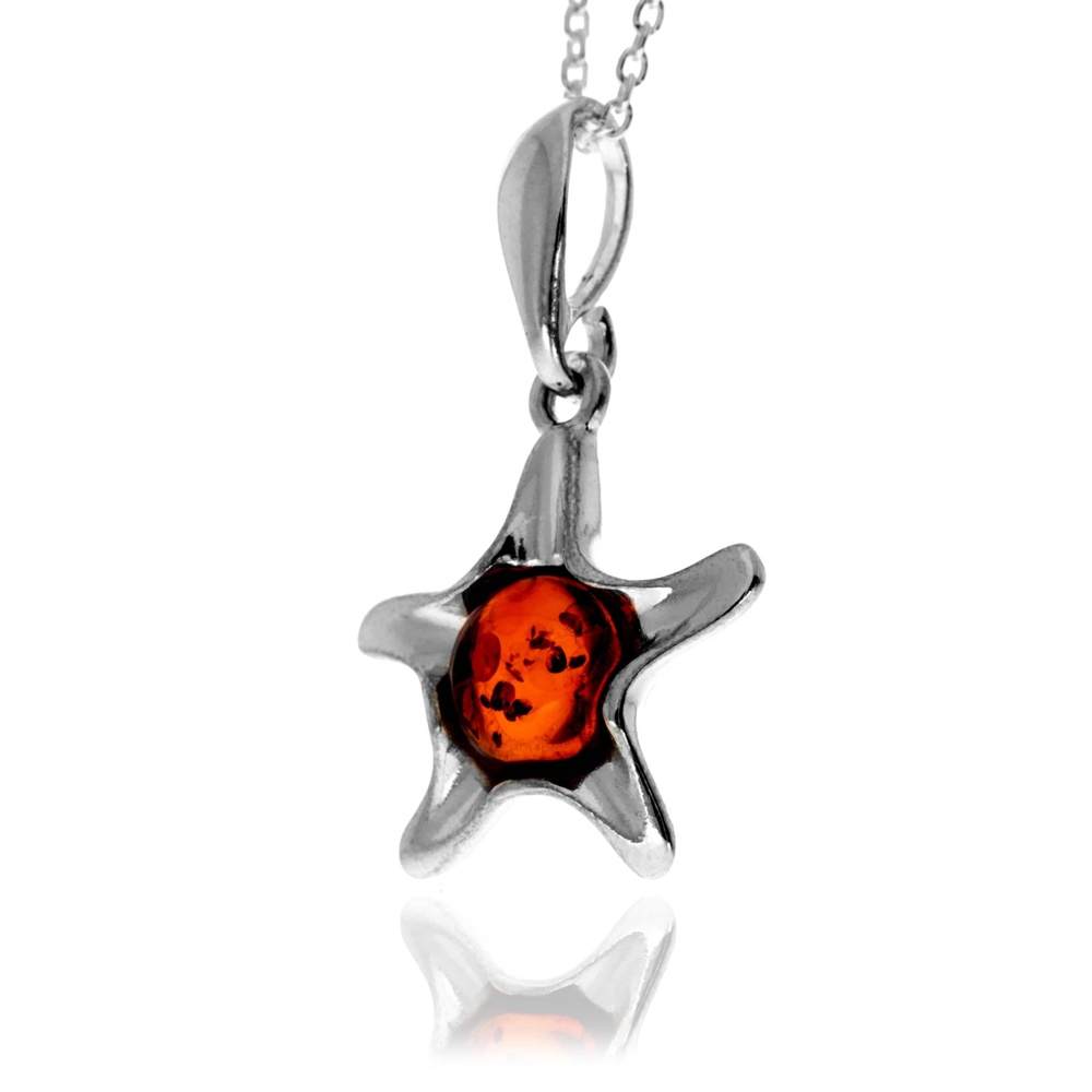 925 Sterling Silver & Genuine Baltic Amber Classic Star / Starfish Pendant - GL2062
