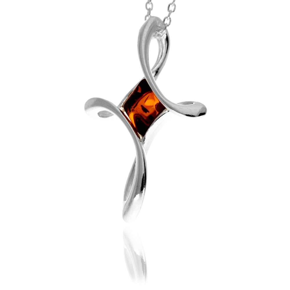 925 Sterling Silver & Genuine Baltic Amber Modern Cross Pendant - GL2068