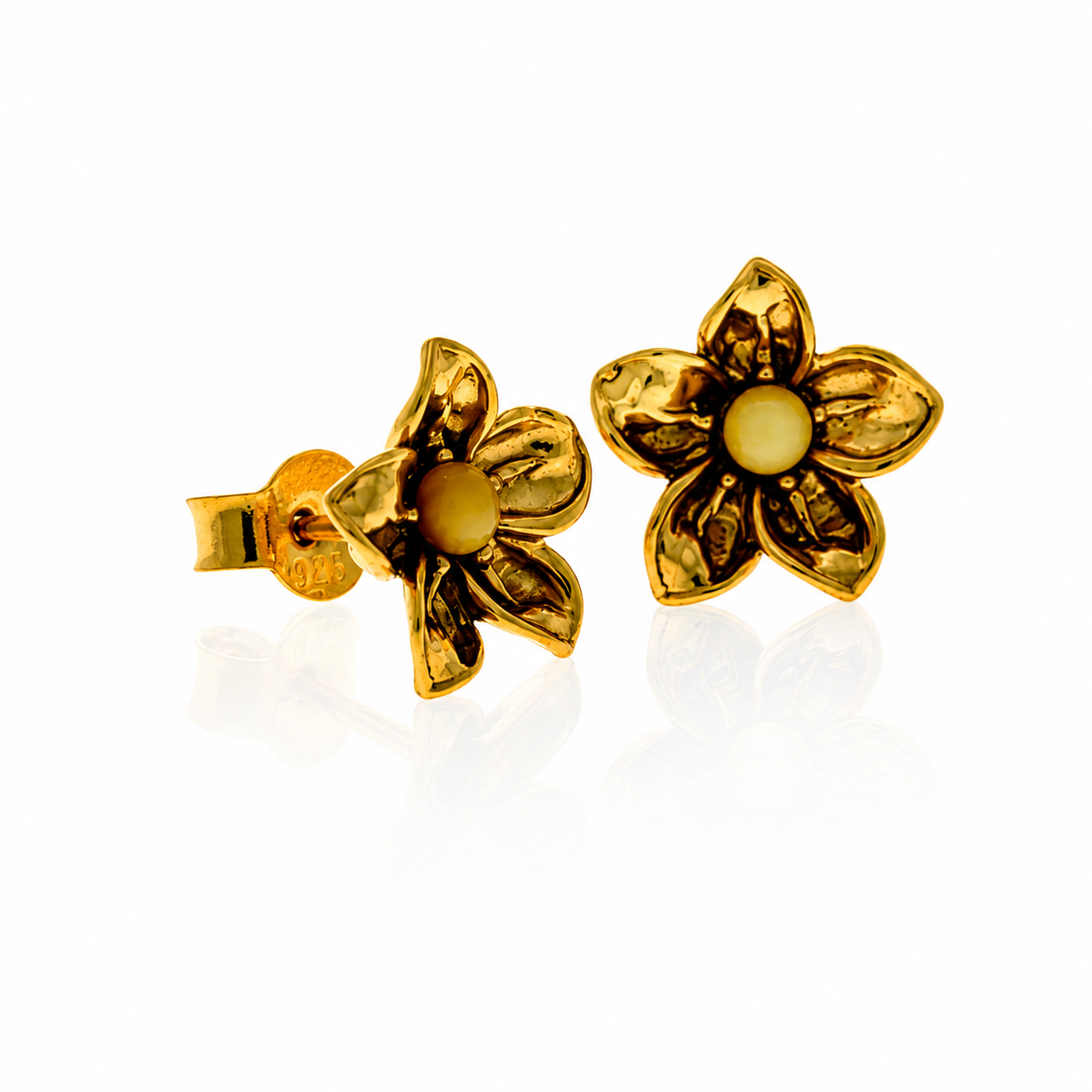 Gold Plated over 925 Sterling Silver & Genuine Baltic Amber Flowers Studs Earrings - AEG32