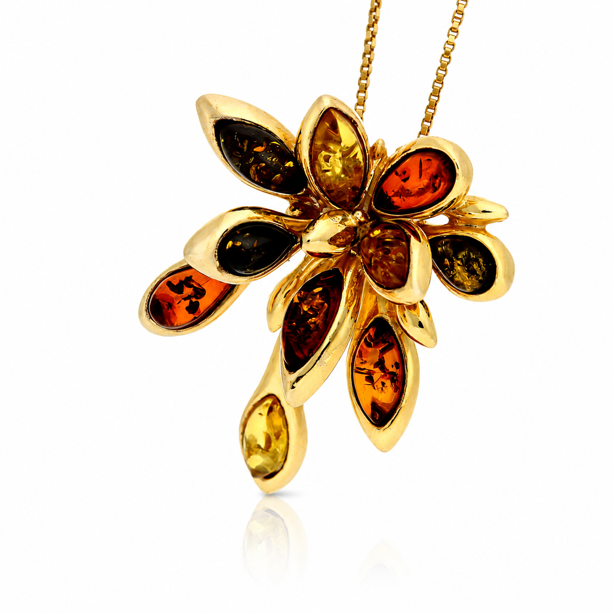 Gold-Plated Over 925 Sterling Silver & Genuine Baltic Amber Large Multi Stone Exclusive Pendant - G19