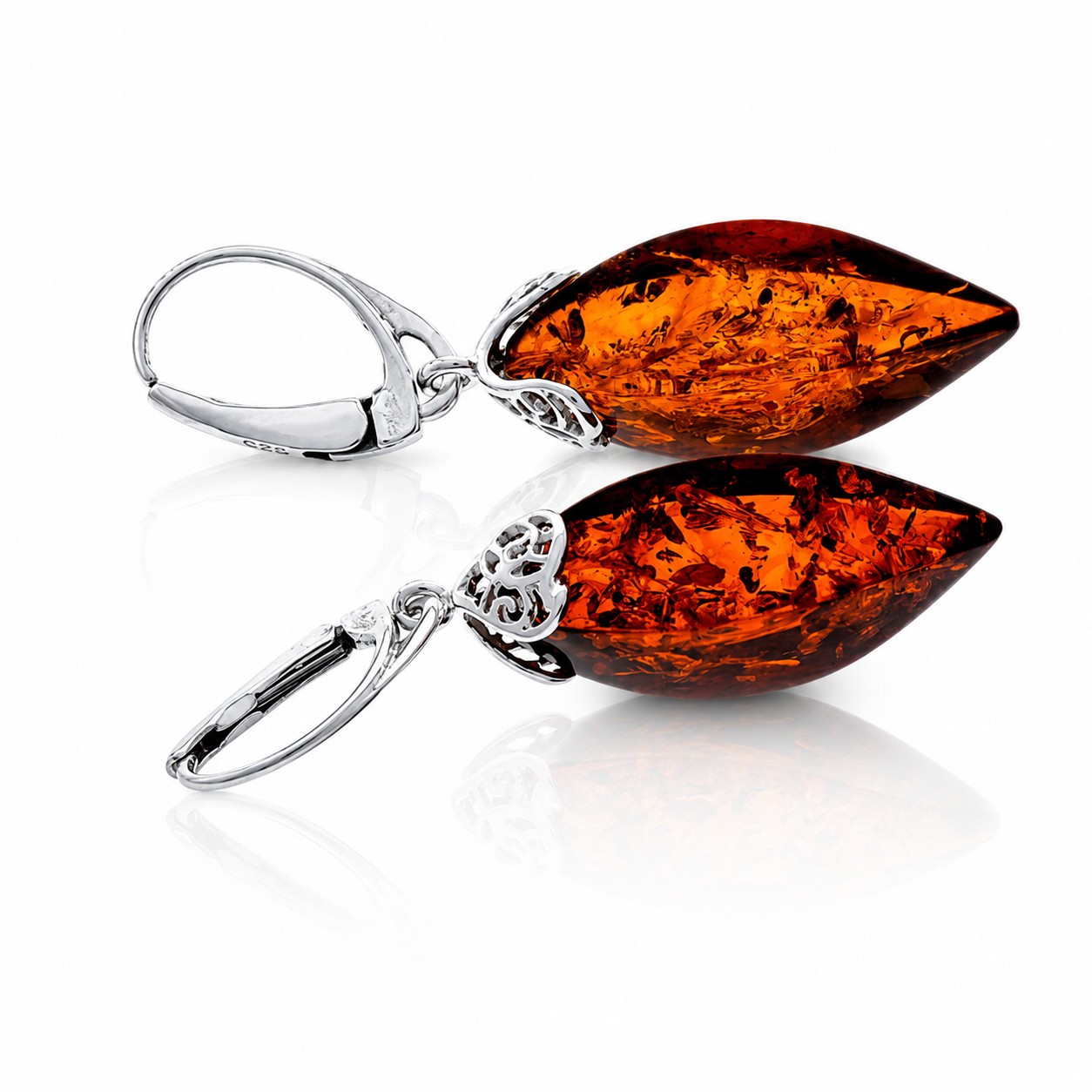 925 Sterling Silver & Genuine Baltic Amber Modern Drop Earrings - 8625