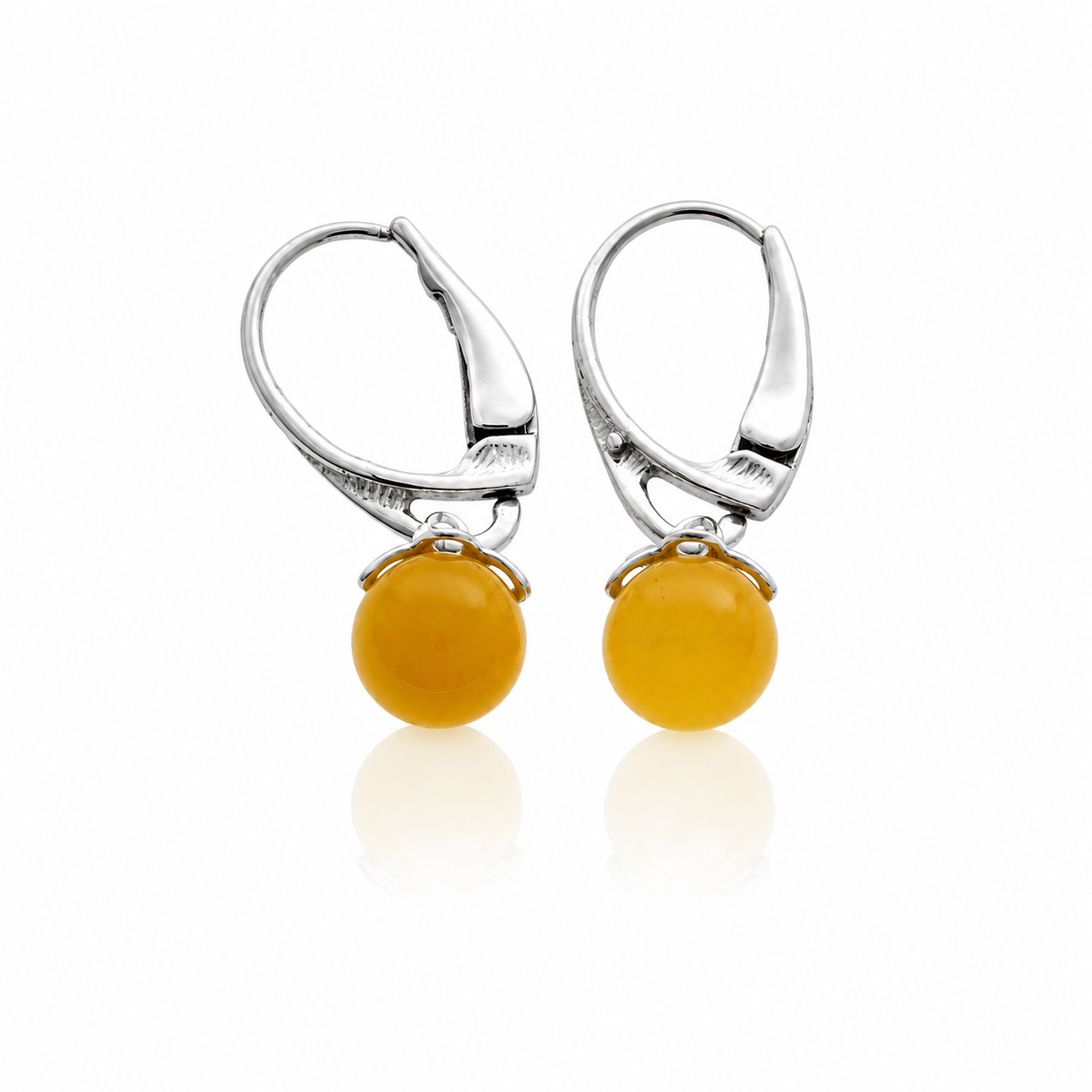 925 Sterling Silver & Genuine Baltic Amber Drop Balls Earrings - 8631