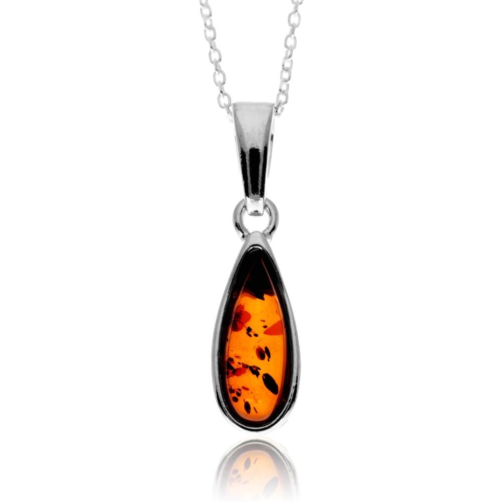 925 Sterling Silver & Genuine Baltic Amber Modern Teardrop Pendant - G236