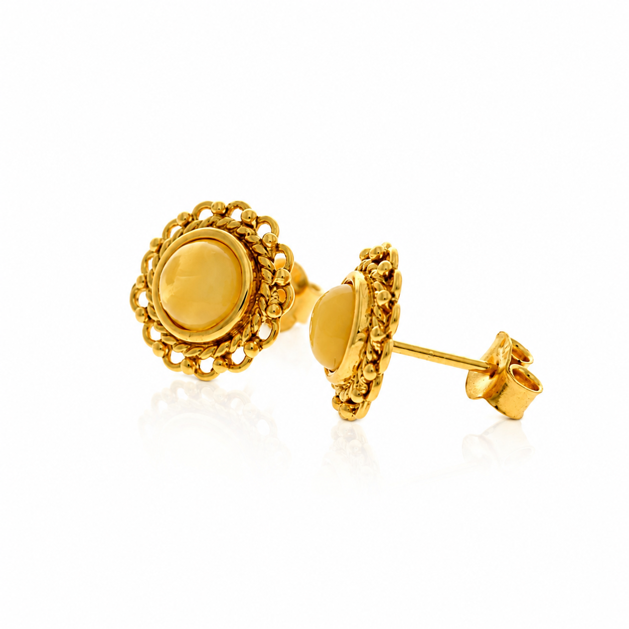 Gold Plated over 925 Sterling Silver & Genuine Baltic Amber Classic Light Studs Earrings - GAE01