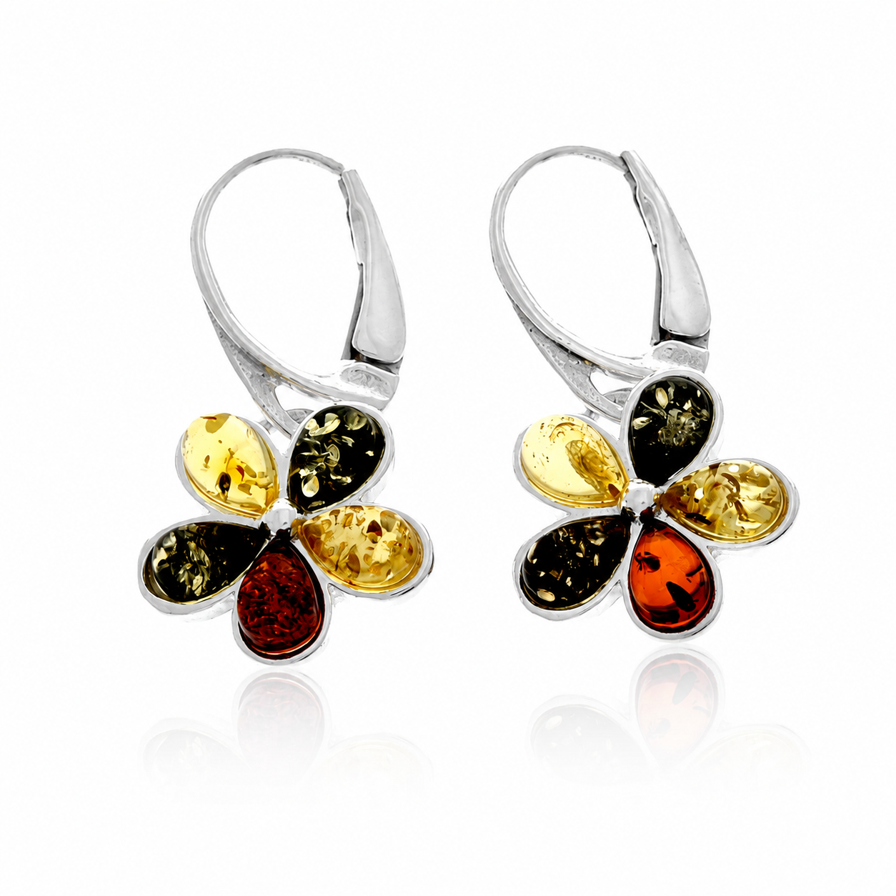 925 Sterling Silver & Genuine Baltic Amber Flowers Drop Earrings - 5267D