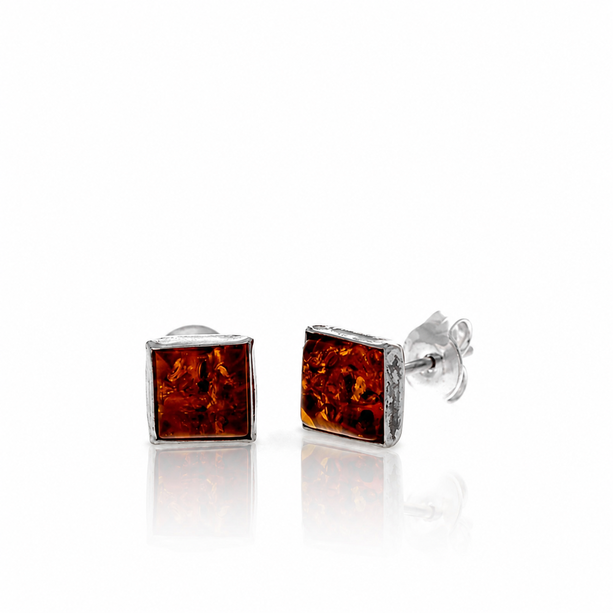 Gold Plated over 925 Sterling Silver & Genuine Baltic Amber Classic Square Studs Earrings - J009