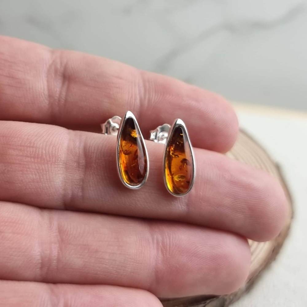 925 Sterling Silver & Baltic Amber Classic Teardrop Studs Earrings - G030S