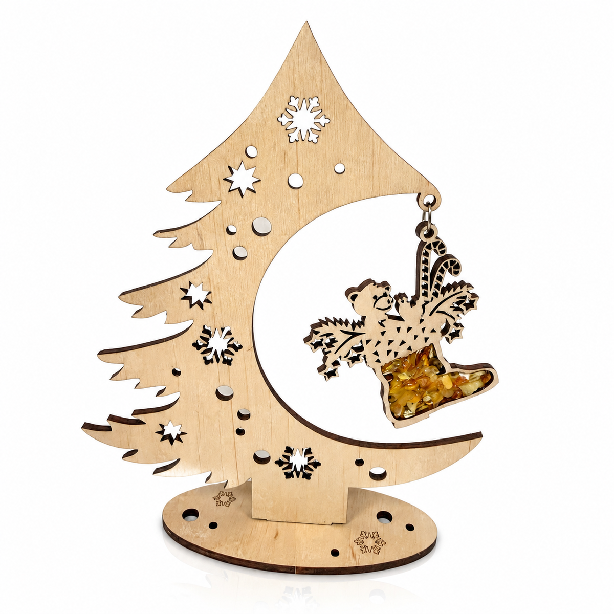 Wooden Christmas Tree Decoration with Angel & Natural Baltic Amber – LSUV1
