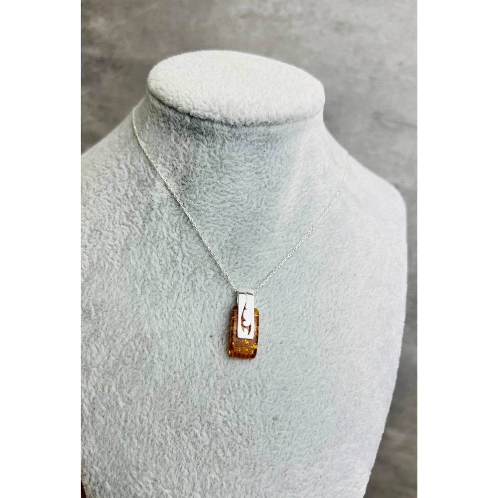 925 Sterling Silver & Genuine Baltic Amber Rectangular Modern Pendant - GL294