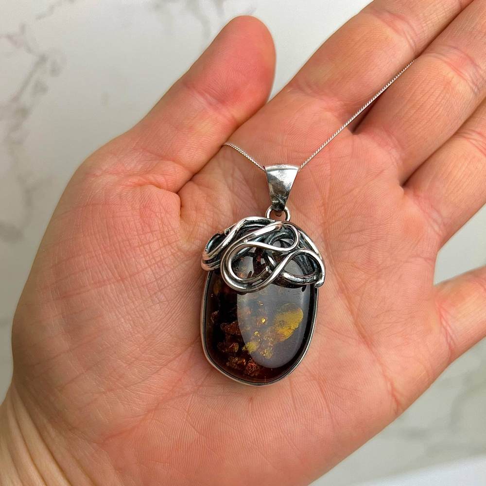 925 Sterling Silver & Genuine Green Baltic Amber Exlusive Unique Pendant - PD0158