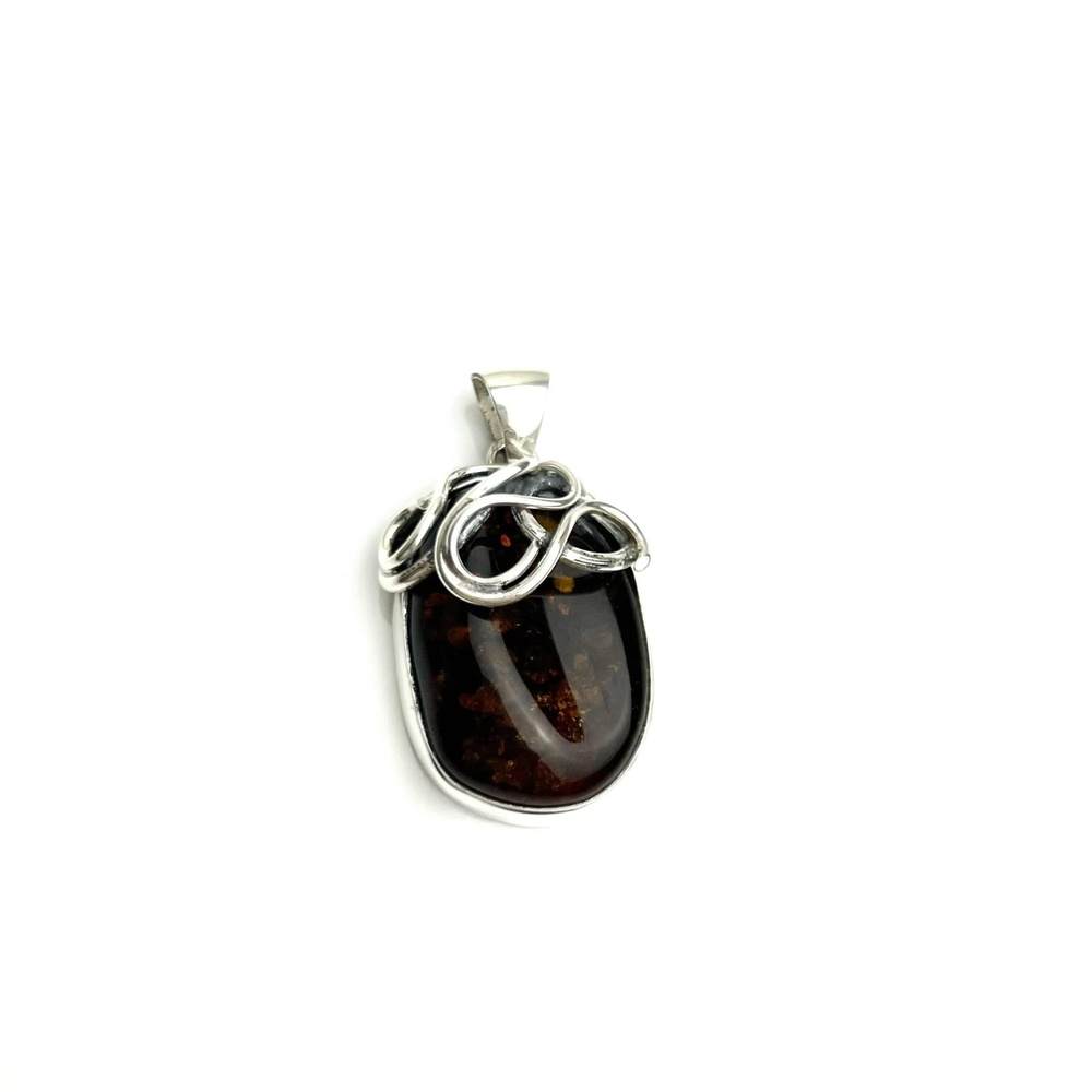 925 Sterling Silver & Genuine Green Baltic Amber Exlusive Unique Pendant - PD0158