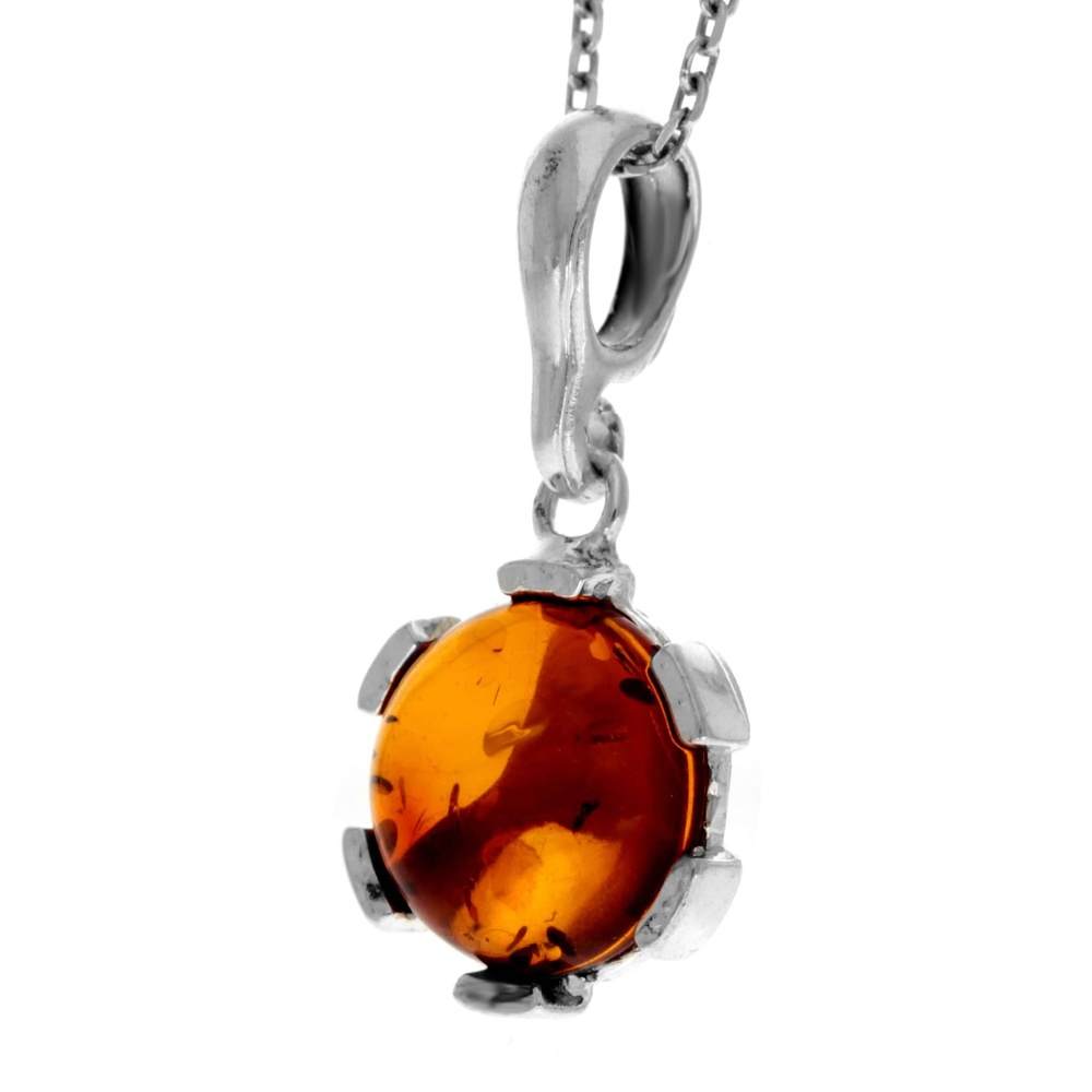 925 Sterling Silver & Genuine Baltic Amber Classic Round Modern Pendant - 1581