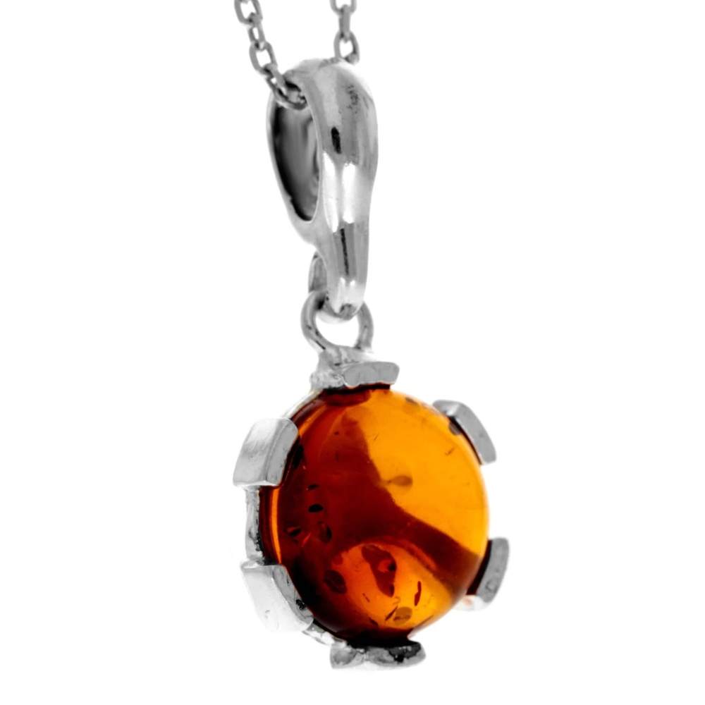 925 Sterling Silver & Genuine Baltic Amber Classic Round Modern Pendant - 1581